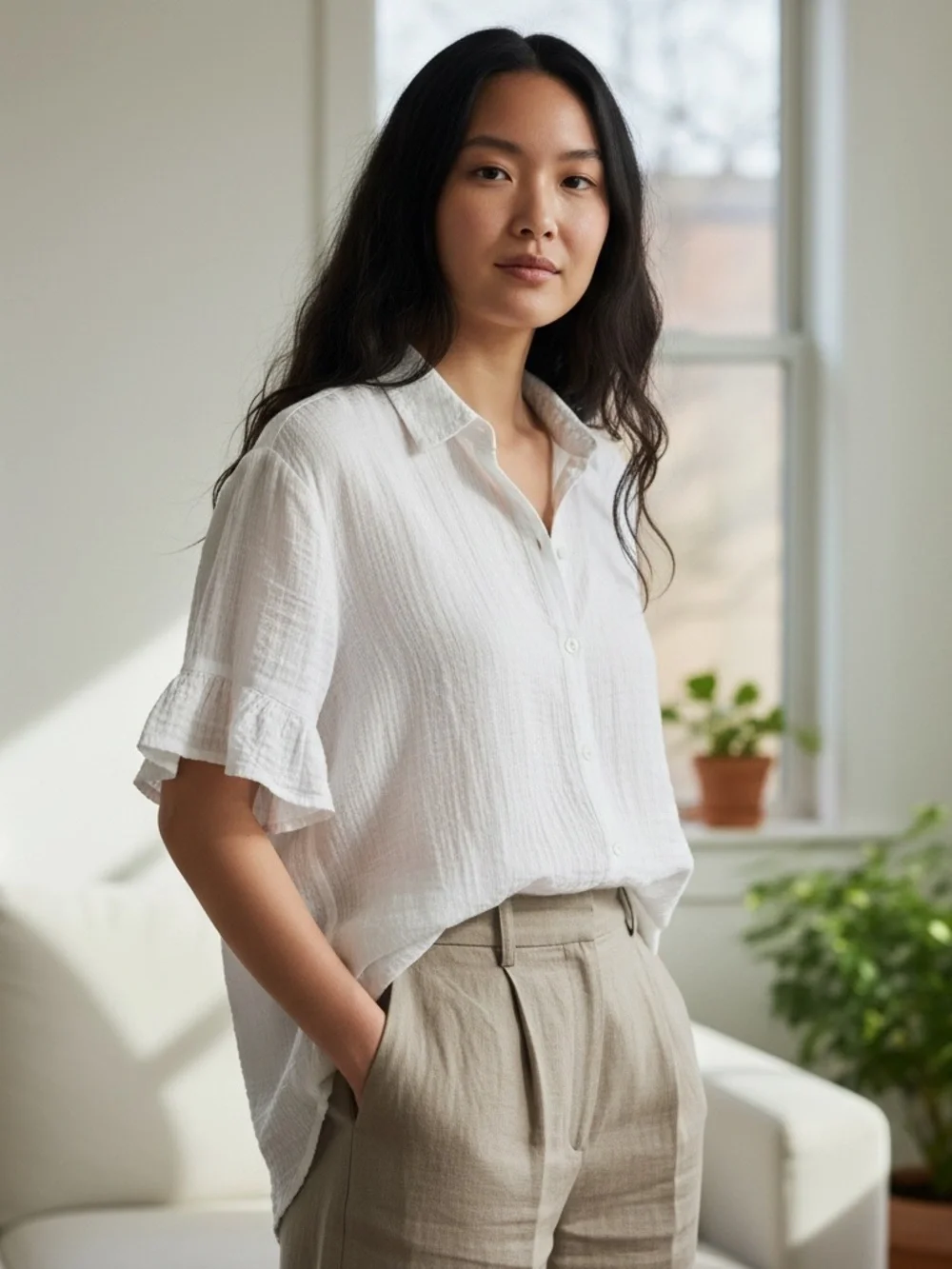 Beachlunchlounge White Button Down Semi Sheer Gauzy Cotton Ruffle Sleeve Hem - Picture 1 of 8